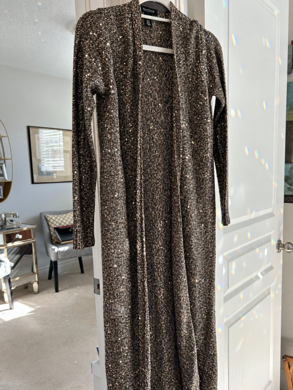 White House Black Market Metallic Sequin Long Duster Cardigan SZ XS